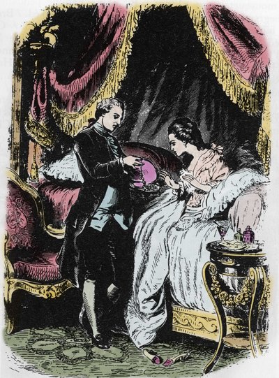 女王的酒激发了项链盒的灵感。 Felix Philippoteaux (1815-1884) 为大仲马的“女王的项链”绘制的图画。 作者 菲利克斯·菲利波托