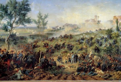 1859年5月20日蒙特贝罗-迪卡斯特吉奥战役的景色，法国赢得了奥地利军队。Henri-Felix-Emmanuel Philippoteaux (1815-1884) 1862年画的。Dim.1x1.5米。巴黎，Musee de l