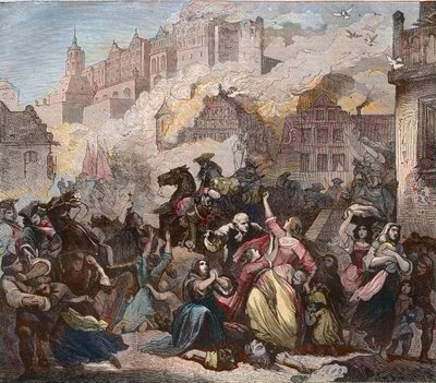 1689年3月2日，法国人在埃热齐尔-梅拉克将军的指挥下摧毁了海德堡--海德堡城堡大火--1689年--九年战争--大联盟战争--奥格斯堡联盟战争--"海德堡城堡大火 "被法国人的军队轰炸。 作者 Feodor (after) Dietz