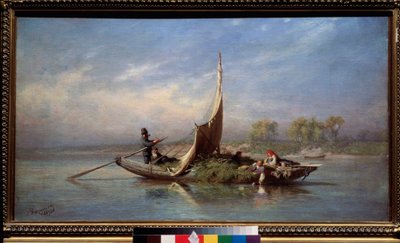 船上的家庭 (Transport de fourrage dans une barque a voile) - 船上的家庭 - 费奥多尔-瓦西里耶夫（费奥多尔-亚历山德罗维奇，费奥多尔-亚历山德罗维奇-瓦西里耶夫，1850-1873 年）的油画，布面油画 作者 费奥多·亚历山德罗维奇·瓦西里耶夫