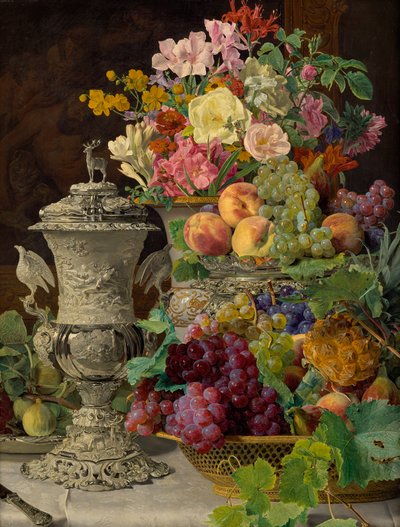 有水果、鲜花和银质高脚杯的静物画 作者 费迪南德·乔治·沃尔德米勒