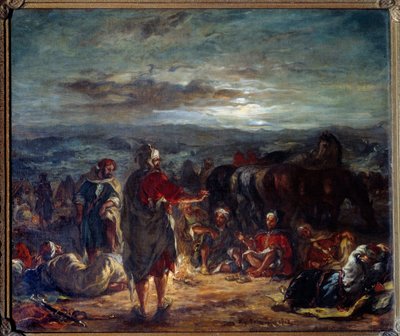 晚上的阿拉伯营地。 尤金·德拉克洛瓦 (Eugene Delacroix) 的绘画 (1798-1863) 作者 费迪南德·维克多·尤金·德拉克罗瓦