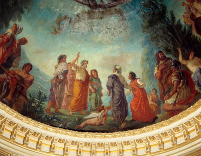 Descent to limbo: “” The Greek poet Homere, surrounded by poets Ovid, Stace and Horace, welcome Dante brought by Virgil. Pyrrhus, wearing his weapons, accompanies Hannibal”” Detail of the painting of Eugene Delacroix (1798-1863) decorating the dome of the  作者 费迪南德·维克多·尤金·德拉克罗瓦