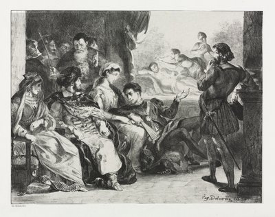 哈姆雷特（Hamlet）：哈姆雷特（Hamlet）指挥演员们从1834年父亲的中毒事件中扮演一个场景。 作者 费迪南德·维克多·尤金·德拉克罗瓦
