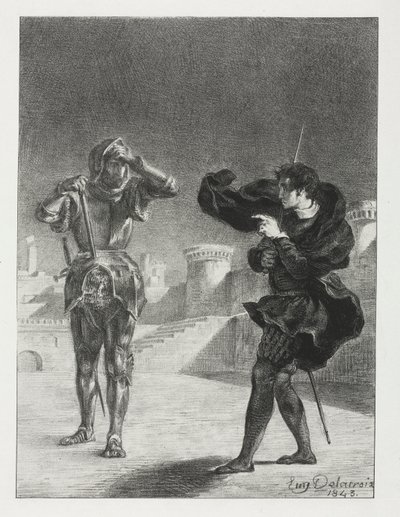 哈姆雷特：露台上的幻影，1843年。 作者 费迪南德·维克多·尤金·德拉克罗瓦