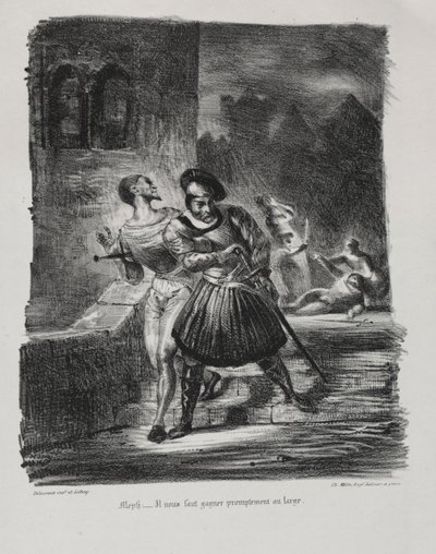 浮士德插图：Méphistophélés和浮士德在决斗之后逃离，1828年。 作者 费迪南德·维克多·尤金·德拉克罗瓦