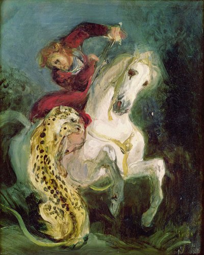 美洲虎攻击骑士，c.1855 作者 Ferdinand Victor Eugene Delacroix