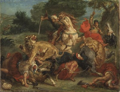 La chasse au lion - The Lion Hunt，Delacroix, Eugene (1798-1863)。 布面油画 作者 费迪南德·维克多·尤金·德拉克罗瓦