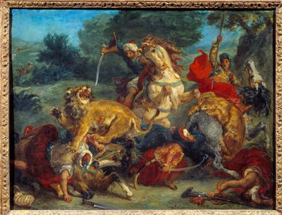 狮子狩猎。 尤金·德拉克洛瓦 (Eugene Delacroix) 的绘画 (1798-1863) 作者 费迪南德·维克多·尤金·德拉克罗瓦