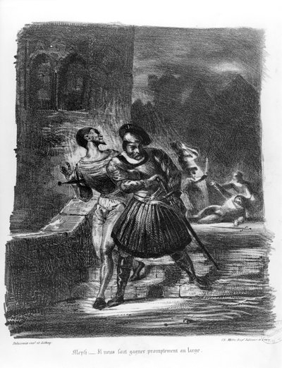 情人节死后的梅菲斯特和浮士德逃脱，歌德的浮士德，1828年，（插图），（bw照片的石版画） 作者 Ferdinand Victor Eugene Delacroix