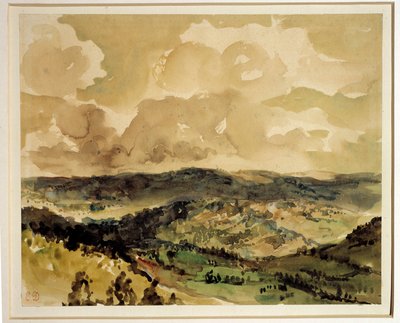 尤金·德拉克罗瓦（Eugene Delacroix，1798-1863 年）1855 年左右的克罗兹水彩画周围树木繁茂的山丘全景。 0,21 x 0,26 m 巴黎。 卢浮宫 作者 费迪南德·维克多·尤金·德拉克罗瓦