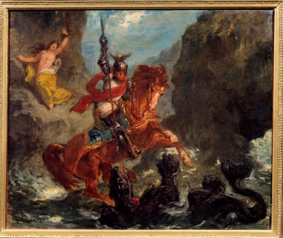Roger delivrant Angelique (Angelica) delivered to a monster by pirates is liberated by Roger (Ruggero, Ruggiero) rides on a hippogriffe - Illustration for “The Furious Roland”” (Orlando Furioso) by Ludovic Ariosto (Arioste) - Painting by Eugene Delacroix ( 作者 费迪南德·维克多·尤金·德拉克罗瓦