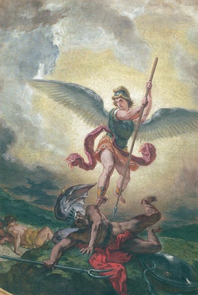 圣迈克尔战斗龙，细节，chapelle des Saints-Anges 1849-1861（石膏上的油和蜡） 作者 费迪南德·维克多·尤金·德拉克罗瓦