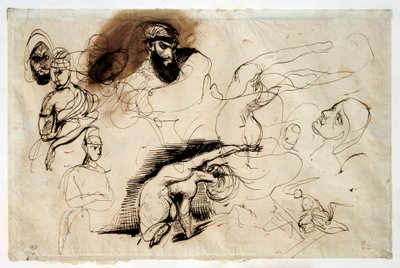 研究萨达纳佩尔之死。 尤金·德拉克洛瓦 (Eugene Delacroix) 的绘画 (1798-1863) 作者 费迪南德·维克多·尤金·德拉克罗瓦