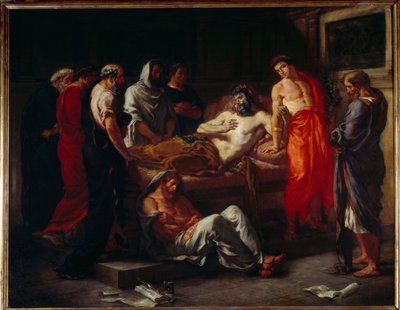 马克·奥雷勒 (121-180) 之死。 尤金·德拉克洛瓦 (Eugene Delacroix) 的绘画 (1798-1863) 作者 Ferdinand Victor Eugene Delacroix