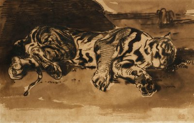 老虎躺着；老虎层，1858年 作者 费迪南德·维克多·尤金·德拉克罗瓦