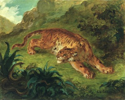老虎和蛇，1858年（面板上的油纸） 作者 Ferdinand Victor Eugene Delacroix