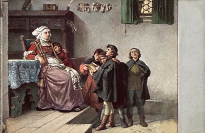 马丁·路德（Martin Luther）1499年在德国艾森纳赫（Eisenach）读书时向弗劳克塔（Frau Cotta）唱歌 作者 费迪南德·威廉·鲍威尔斯