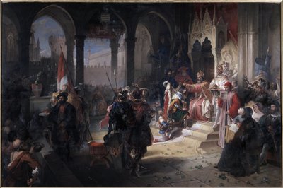 阿梅迪八世（Amedeo VIII il pacifico）（1383-1451）于1416年2月19日在神圣帝国皇帝西吉斯蒙德一世访问张伯伦时被封为萨瓦公爵，费迪南多-卡瓦列里（1794-1865）在意大利阿格里城堡（Castello）作画。 作者 Ferdinando Cavalleri