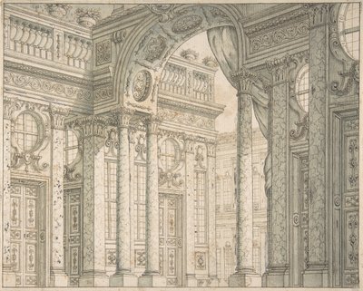 带庭院和凯旋门的舞台布景透视图设计，约1675-1743年。 作者 费迪南多·加利·比比亚