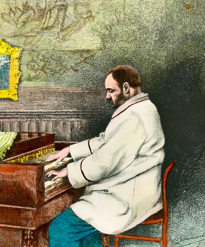 Portrait of Emile Zola (1840-1902) playing the organ. Engraving by Desmoulin (19th century). Coll. Get out. 作者 费尔南·德斯穆兰