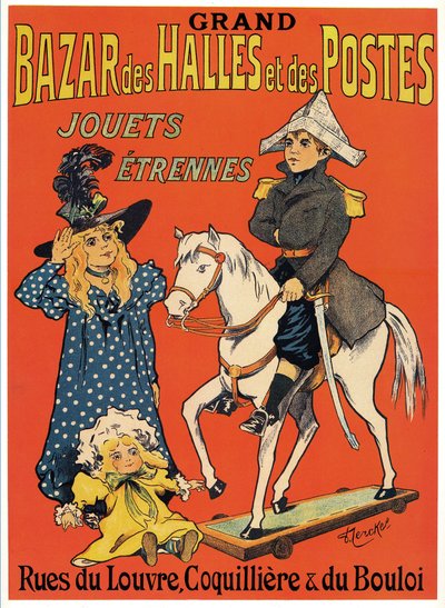 Grand Bazaar des Halles et des Posts 的广告海报：玩具和游戏商店（一个小木头拿破仑、一个女巫和一个洋娃娃） 插图：Fernand Fernel (Cerckel) (1872-1934) 1899 年 作者 费尔南德·费内尔