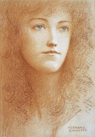 "一位年轻英国女子的肖像"，纸上三色堇，作者费尔南德-赫诺夫（1858-1921 年），约 1890 年 私人收藏 作者 费尔南德·科诺普夫