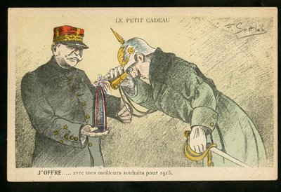 明信片，彩色讽刺画，约 1914_12：我为 1915 年献上的小礼物和最美好的祝愿--14-18 年战争、大炮、炮弹--威廉二世、约瑟夫 插图：Gottlob (1873-1935) 作者 费尔南·路易斯·戈特洛布