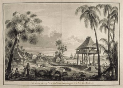 马拉斯皮纳，亚历杭德罗（1754-1809 年）。意大利-西班牙航海家和探险家；费尔南多-布兰比拉（1763-1834 年）。画家。马拉斯皮纳探险队。菲律宾（1792 年）。三宝颜村。费尔南多-布兰比拉的绘画。绘画。西班牙。马德里（自治区）。 作者 费尔南多·布朗比拉