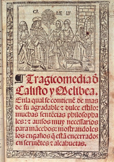 费尔南多-德-罗哈斯（Fernando de Rojas，1465-1541 年）1531 年出版的西班牙手稿《Celestina or Tragicomedia de Calisto y Melibea》封面上的羊皮纸缩影 作者 费尔南多德罗哈斯