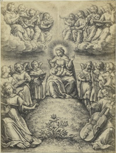 Fotoreproductie van engraving 天使的音乐会 Hieronymus Wierix 天使的演唱会 作者 菲尔兰特