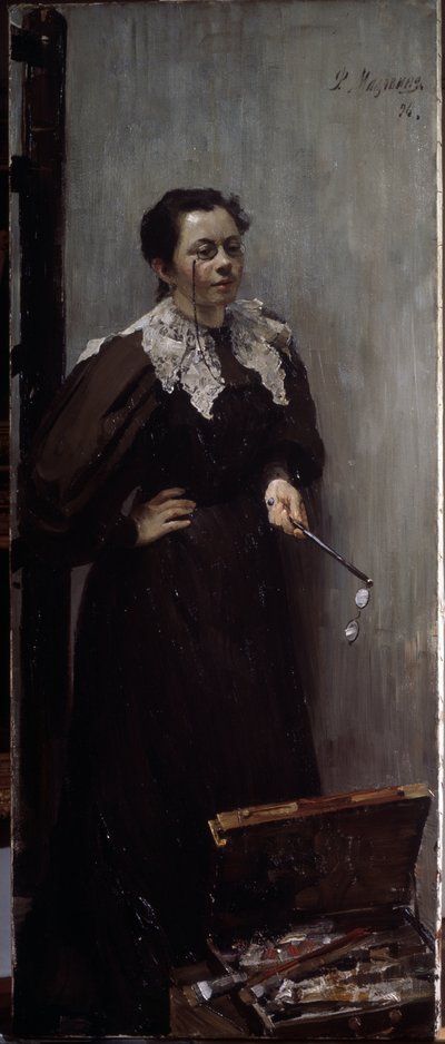 艺术家 A. Ostroumova Lebedeva（Ostroumova-Lebedeva）（1871-1955 年）的肖像。画中人站在她的绘画设备后面，鼻子上架着望远镜，手里拿着另一副望远镜。菲利普-安德的绘画 作者 菲利普·安德烈耶维奇·马里亚温