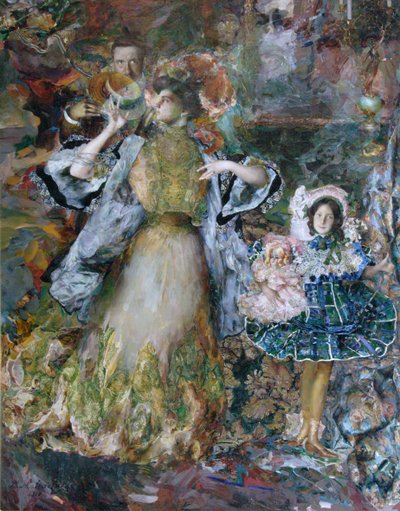 与妻子和女儿的自画像，1910年 作者 菲利普·安德烈耶维奇·马利亚文