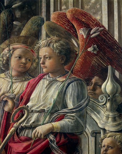 麦当娜和孩子与天使和圣徒，Filippo Lippi（约 1406-1469 年）也称为圣母或巴巴多里祭坛画，木彩画，208x244 厘米 作者 菲律宾人利皮