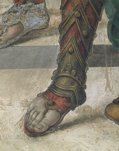 菲利皮诺·里皮 (Filippino Lippi) 创作的圣菲利普驾驶龙，来自希罗波利斯神庙，鞋履细节，壁画 作者 菲律宾人利皮