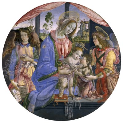 圣母子与圣约翰婴儿和两个天使》，1480 年代中期（钢笔画镶板） 作者 菲律宾人利皮