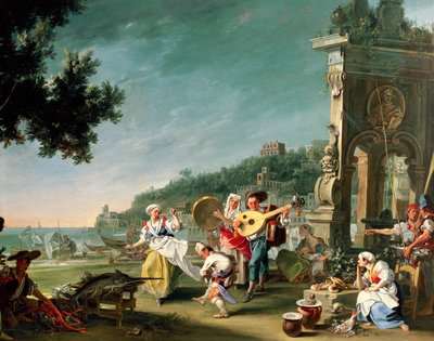 Margellina的塔兰泰拉，约1750年，由Filippo Falciatore（活跃于1737-1768年）创作，布面油画，76.2 x 102厘米。意大利 作者 Filippo Falciatore