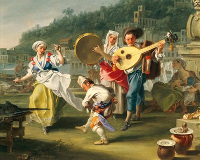 在Mergellina的塔兰泰拉，约1750年，由Filippo Falciatore（活跃于1737-1768年）创作，布面油画，76,2x102厘米，细节，意大利 作者 Filippo Falciatore