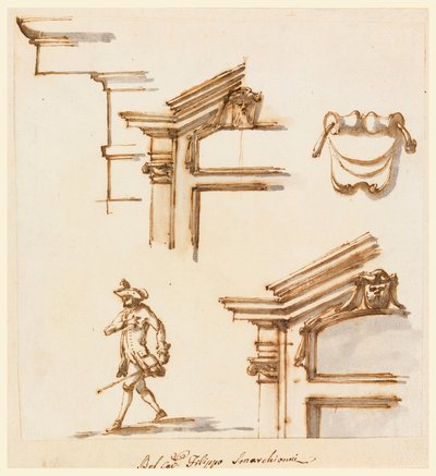 素描、建筑细节和人物研究，1760-1775 年 作者 菲利波·马基奥尼（Filippo Marchionni）