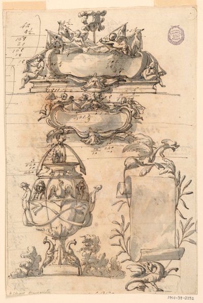 素描，两个装饰花瓶和一个卷轴，1750-75 年 作者 菲利波·马基奥尼（Filippo Marchionni）