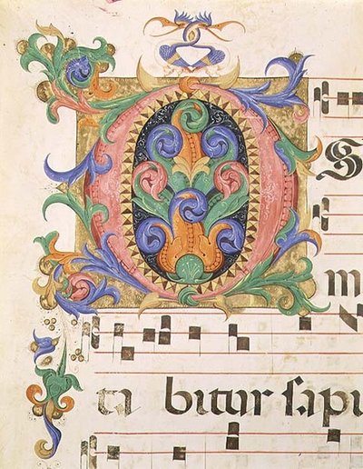 Missal 515 f.123r 首字母 "O "装饰有叶子和幻想中的鸟，来自1449年前执行的唱诗班书的细节（牛皮纸） 作者 Filippo di Matteo Torelli