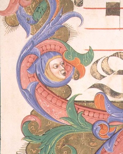 Missal 515 f.156r 带斗篷头的变形叶子，1449年前执行的唱诗班书籍的装饰边框细节 作者 Filippo di Matteo Torelli