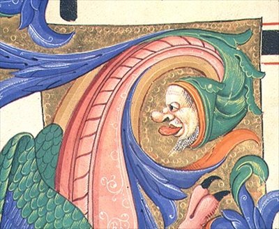 Missal 515 f.73v 描绘男性头颅拉脸的变形叶子，来自1449年之前执行的唱诗班书的历史首字母的装饰细节（牛皮纸）。 作者 Filippo di Matteo Torelli