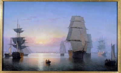 1850 年夕阳下的波士顿港 绘画 Fitz Hugh Lane (1804-1865) 1850 年私人收藏 作者 费兹·亨利·莱恩