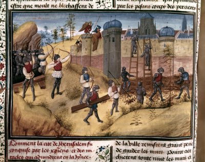 十字军爬上耶路撒冷城墙的十字军。选自 "Histoire des Cr... 作者 佛兰芒学校