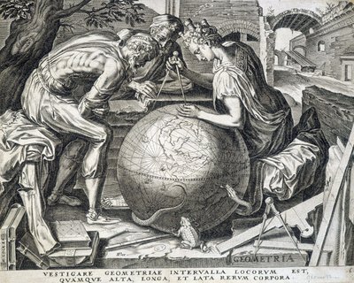 Characters leaning above the globe with comppas (allegory of geometry) - engraving, Flanders 作者 佛兰芒学校