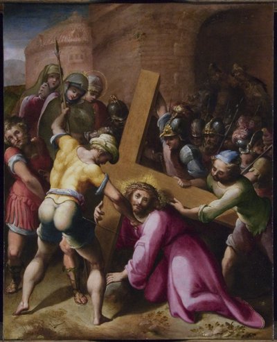 基督在通往Cal髅地的路上（铜上的油） 作者 Flemish School