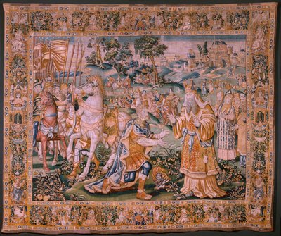 弗拉芒挂毯。大祭司伊阿多面前的亚历山大（Alexander voor de Hogepriester Iaddo）。奥德纳德工作室。374x447 厘米。Inv(830-B)4 00010。17 世纪。 作者 Flemish School