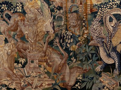 佛兰德挂毯。带凉棚和大型野兽的风景画，有两根圆柱。Oudenaarde 工作室。319x508 厘米。发票 0023。17 世纪。 作者 佛兰芒学校