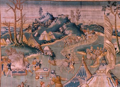 弗拉芒挂毯。格拉尼克斯河附近的军营（Het legerkamp bij de rivier Granikos）。奥德纳德工作室。377x393 厘米。Inv 83104-9 /00011。17 世纪。 作者 佛兰芒学校